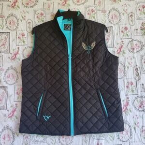 COWGIRL HARDWARE Womens BLACK And Teal Zip UP VEST BLING MOTIF Western Size L
